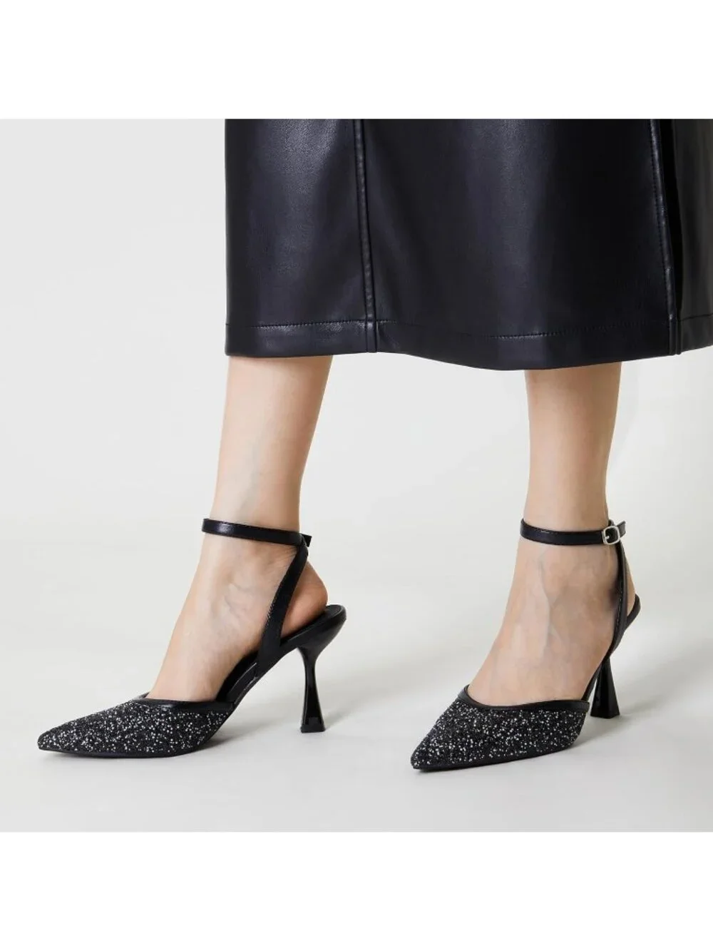 Women's Black Slingback Pointed Toe Stiletto Heels Ankle Strap Dress Shoes